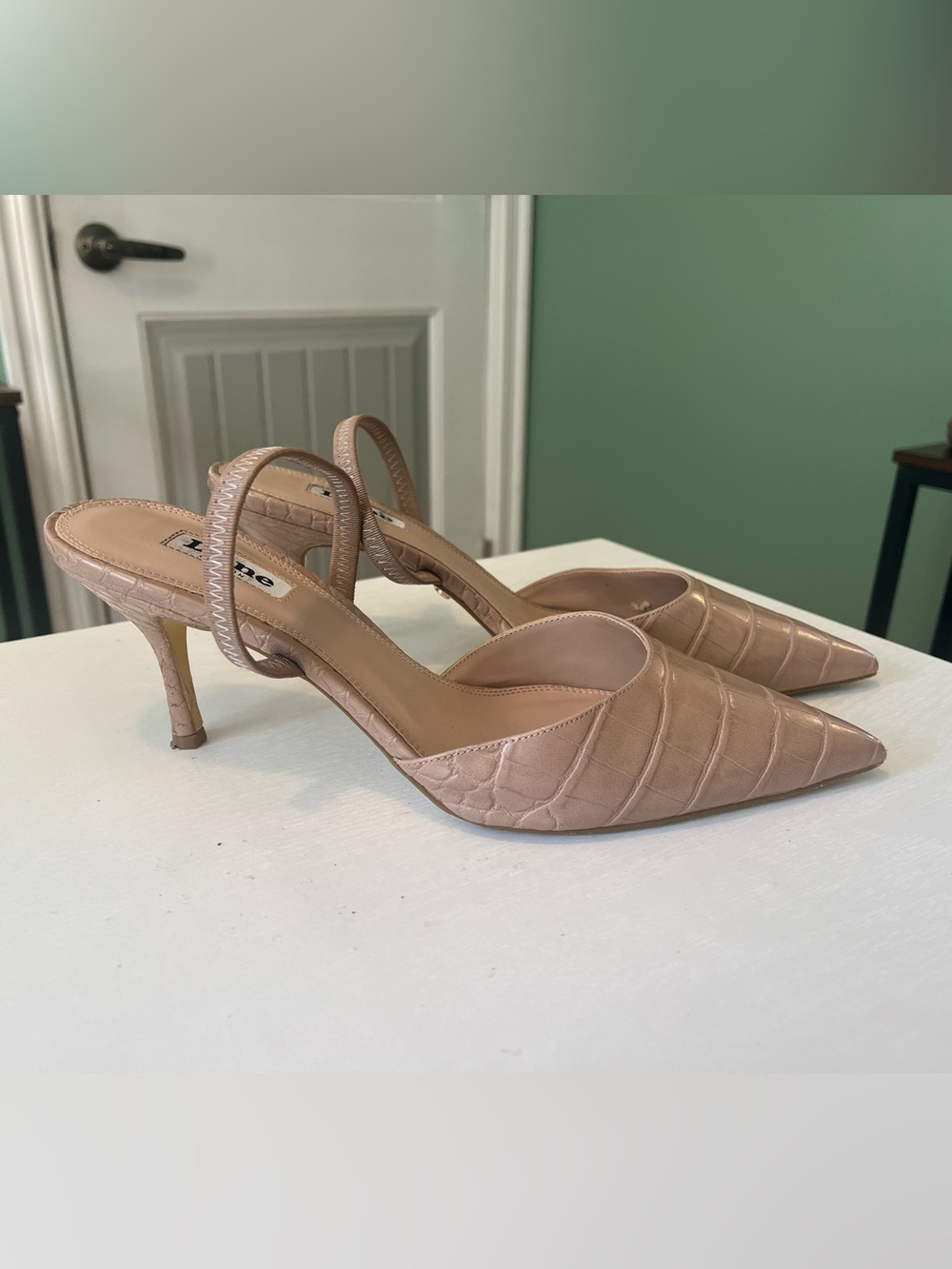 Pointed Toe Slingback Heels in Nude Croc-Embossed Leather